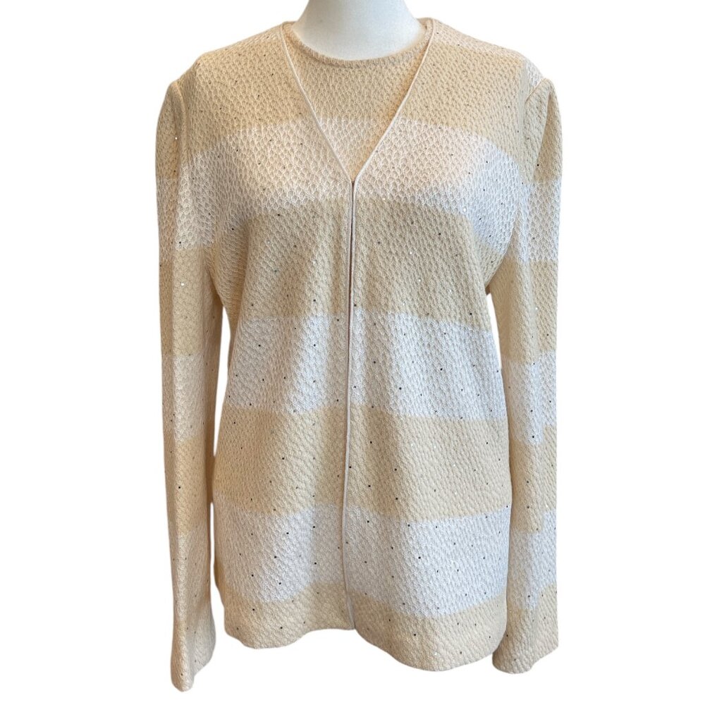 St. John 2 Piece Ivory & Cream Knit Sweater Suit Jacket Set Paillettes 12/Med
